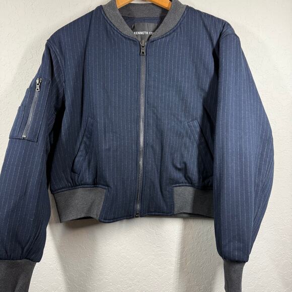 Women's Kenneth Cole Navy Pinstripe Bomber Baseball Jacket Size L NEW - Picture 2 of 7